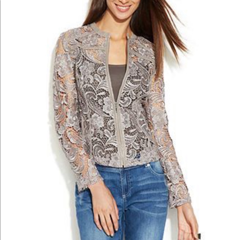 INC Lace Jacket Faux Leather Trim BEIGE COLOR - Picture 2 of 7